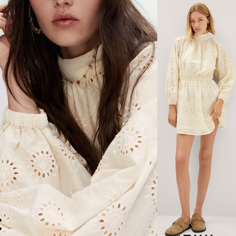 Mango Cotton Eyelet Embroidered Long-Sleeve High-Neck Mini Dress Size 8